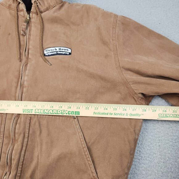 VTG Canvas Jacket Men's XLT Hooded Duck Brown Quilt Lined Workwear Logo THRASHED - Picture 5 of 16